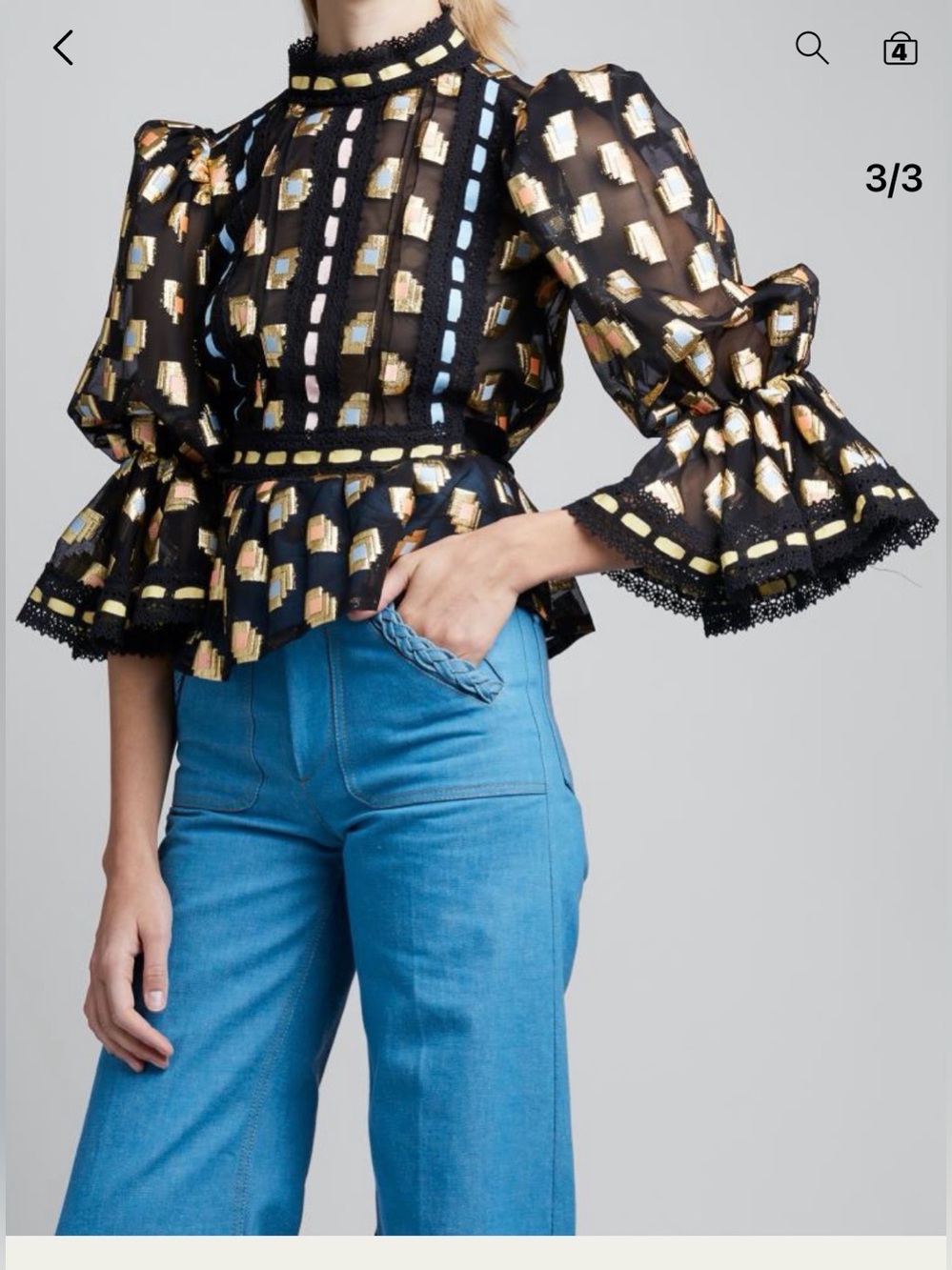 Marc Jacobs Black Sheer Peplum Blouse with Metallic Multi-Color Pattern Runway 4
